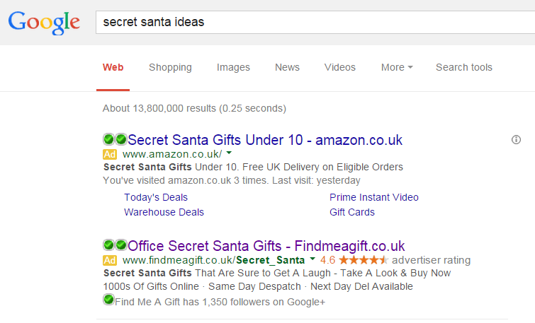 Find Me A Gift PPC Search Advert