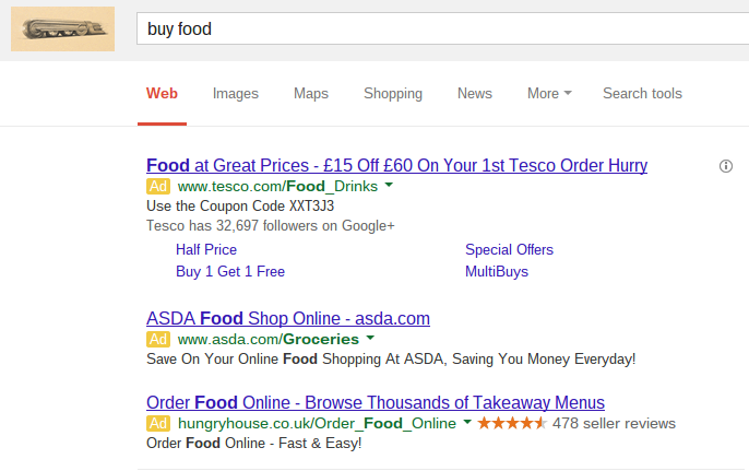 'buy food' PPC Search Text Results