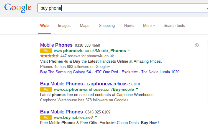 'buy phone' PPC Text Search Adverts