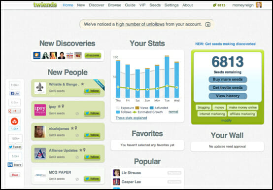 Twiends Login Page with Stats