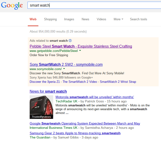 Pebble Smartwatch PPC Search Advert