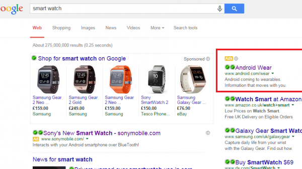 Android Wear PPC Search Advert