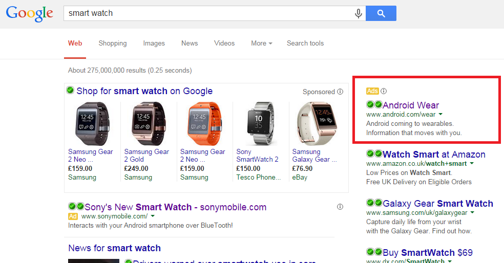 Android Wear PPC Search Advert