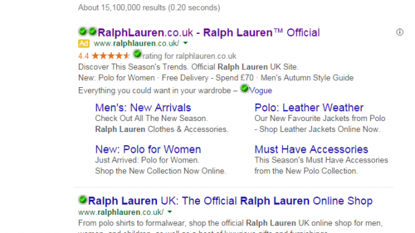 Ralph Lauren PPC Search Advert