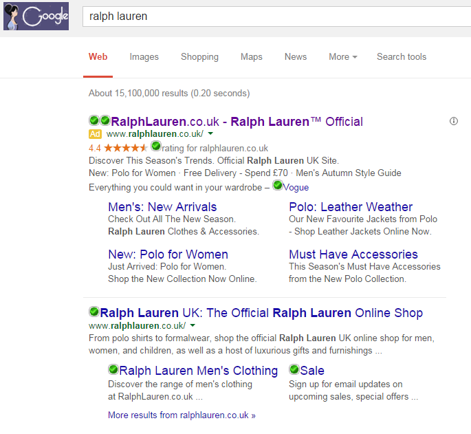 Ralph Lauren PPC Search Advert