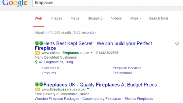 Chiltern Fireplaces PPC Search Advert