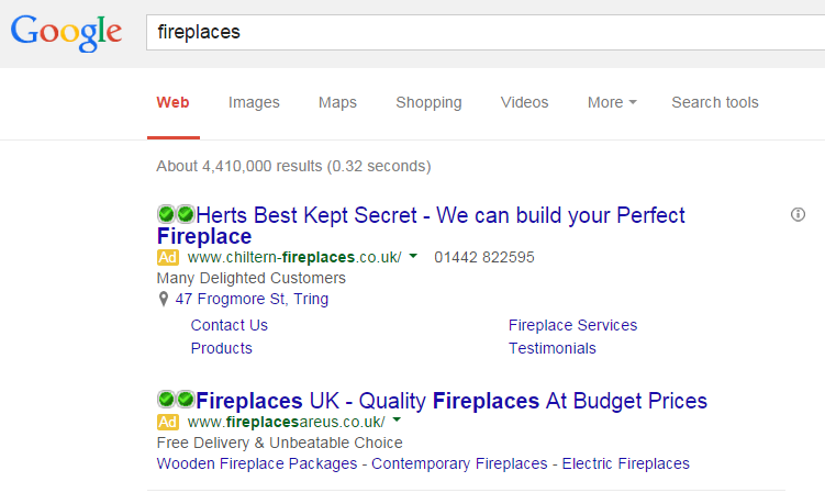 Chiltern Fireplaces PPC Search Advert