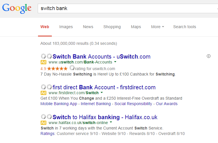 'switch bank' PPC Search Advert Results