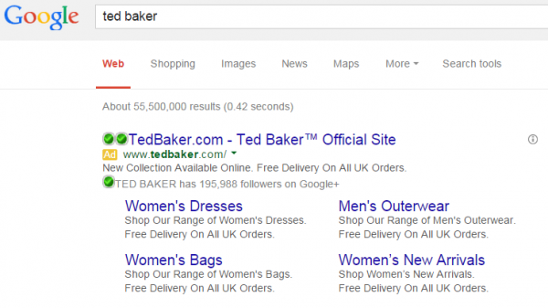 Ted Baker PPC Search Advert