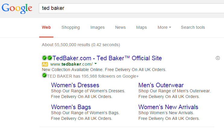 Ted Baker PPC Search Advert
