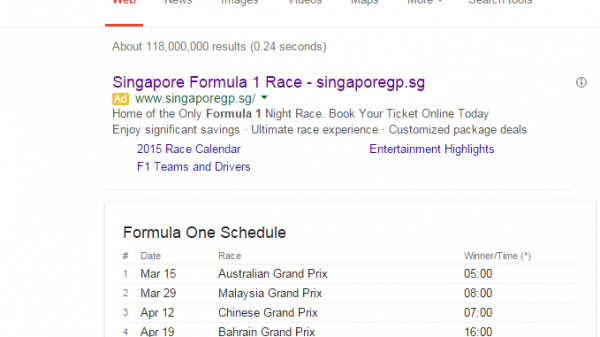 Singapore GP PPC Search Advert