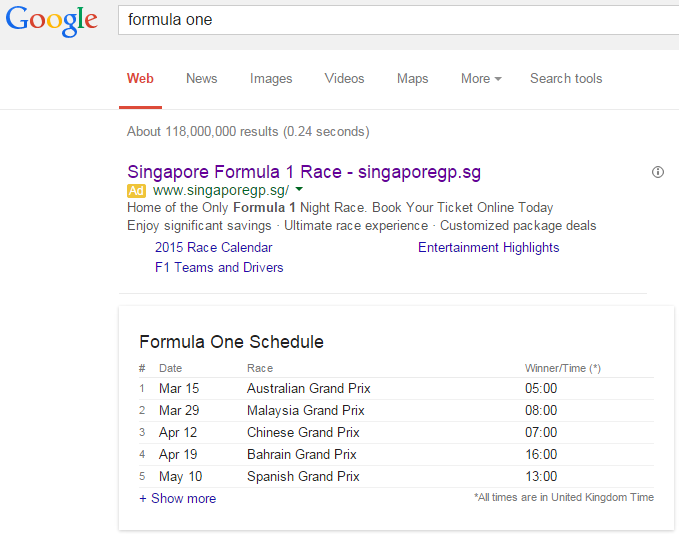 Singapore GP PPC Search Advert