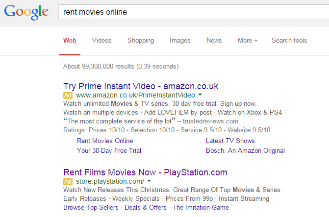 Sony PlayStation PPC Search Advert