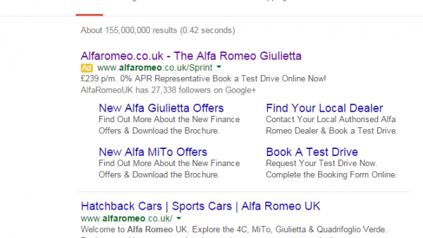 Alfa Romeo PPC Search Advert