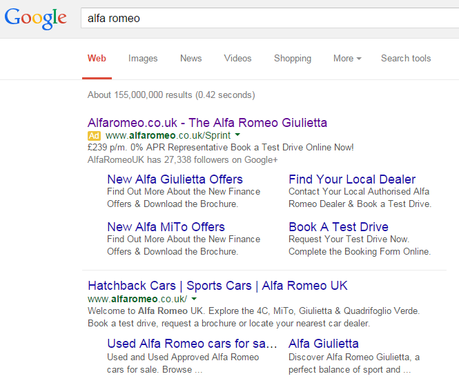 Alfa Romeo PPC Search Advert