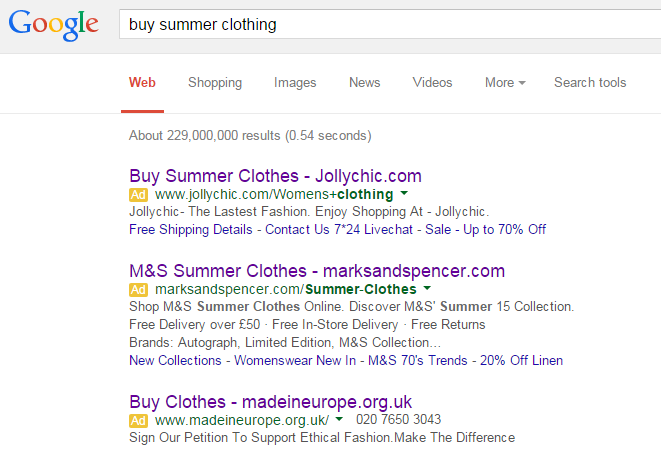 Buy Summer Clothing PPC Search Results