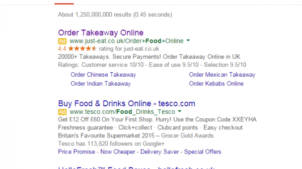 Just Eat PPC Search Advert