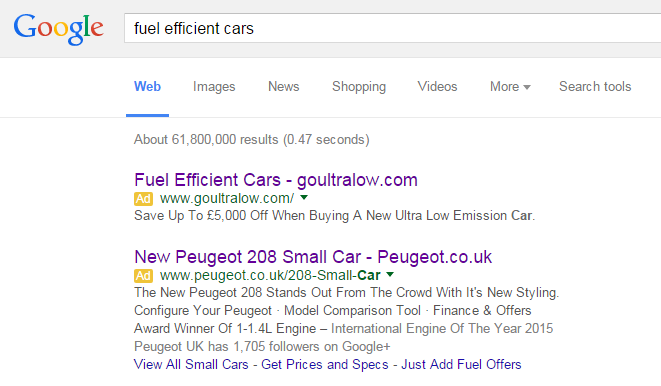 Peugeot PPC Search Advert