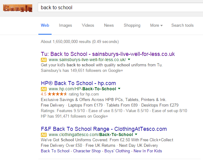Sainsbury's Back To School PPC Search Advert