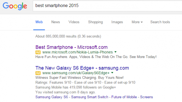 Microsoft Smartphones PPC Search Advert