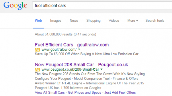 Peugeot PPC Search Advert