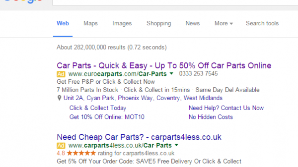 Euro Car Parts PPC Search Advert