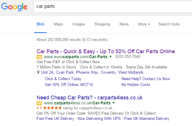 Euro Car Parts PPC Search Advert