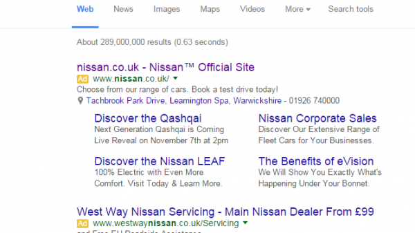 Nissan PPC Search Advert