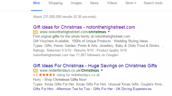 NotOnTheHighStreet.com PPC Search Advert