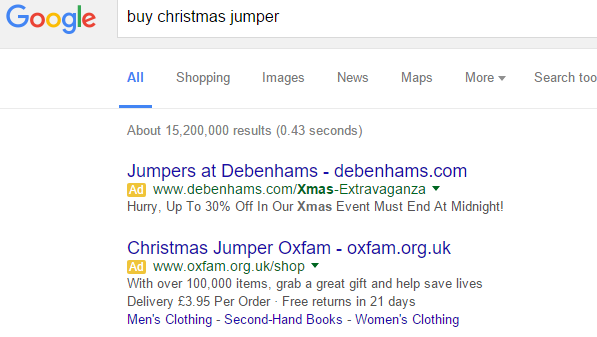 Debenhams PPC Search Advert