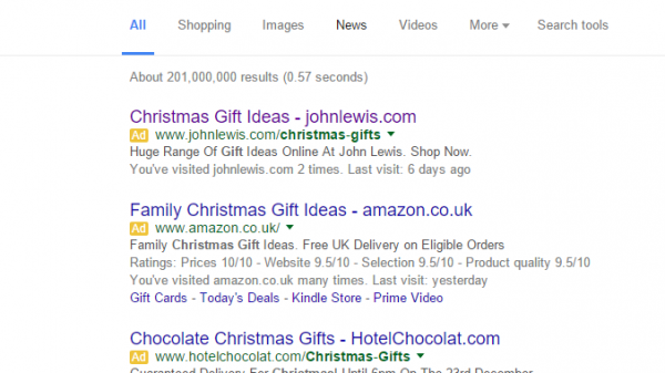 John Lewis Christmas PPC Search Advert