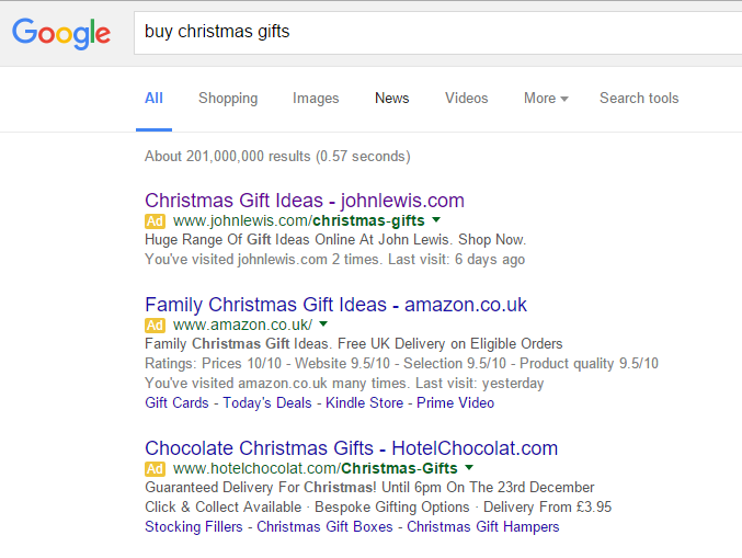 John Lewis Christmas PPC Search Advert