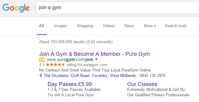 Pure Gym Search Advert