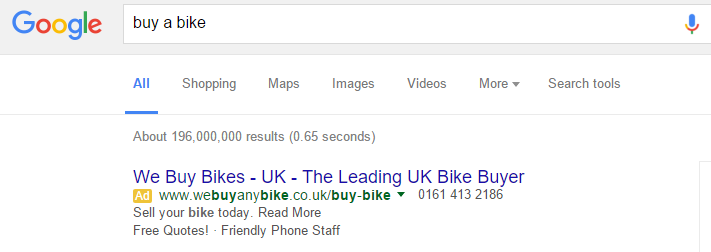 We Buy Any Bike PPC Search Advert