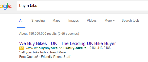 We Buy Any Bike PPC Search Advert