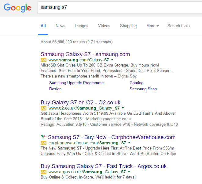 Samsung Galaxy S7 PPC Search Advert