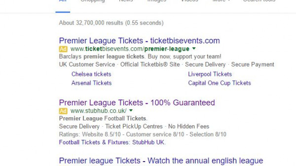 StubHub PPC Search Advert