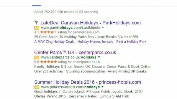 Center Parcs PPC Search Advert