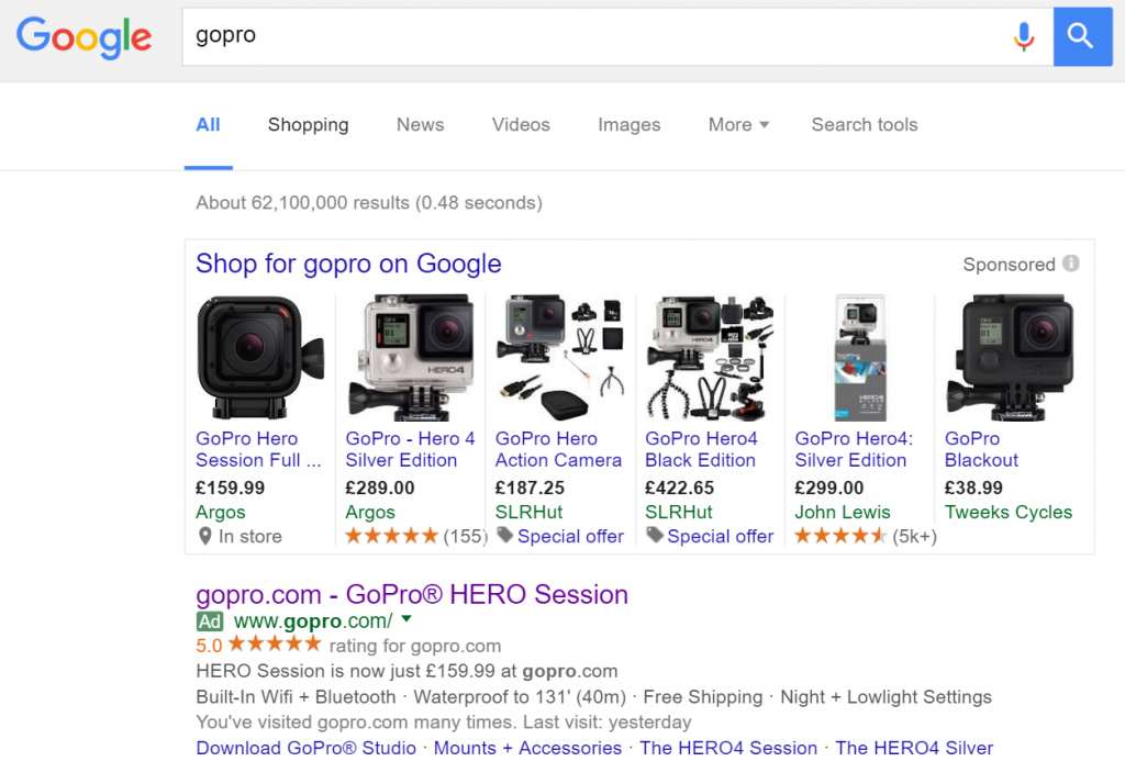 GoPro PPC Search Advert