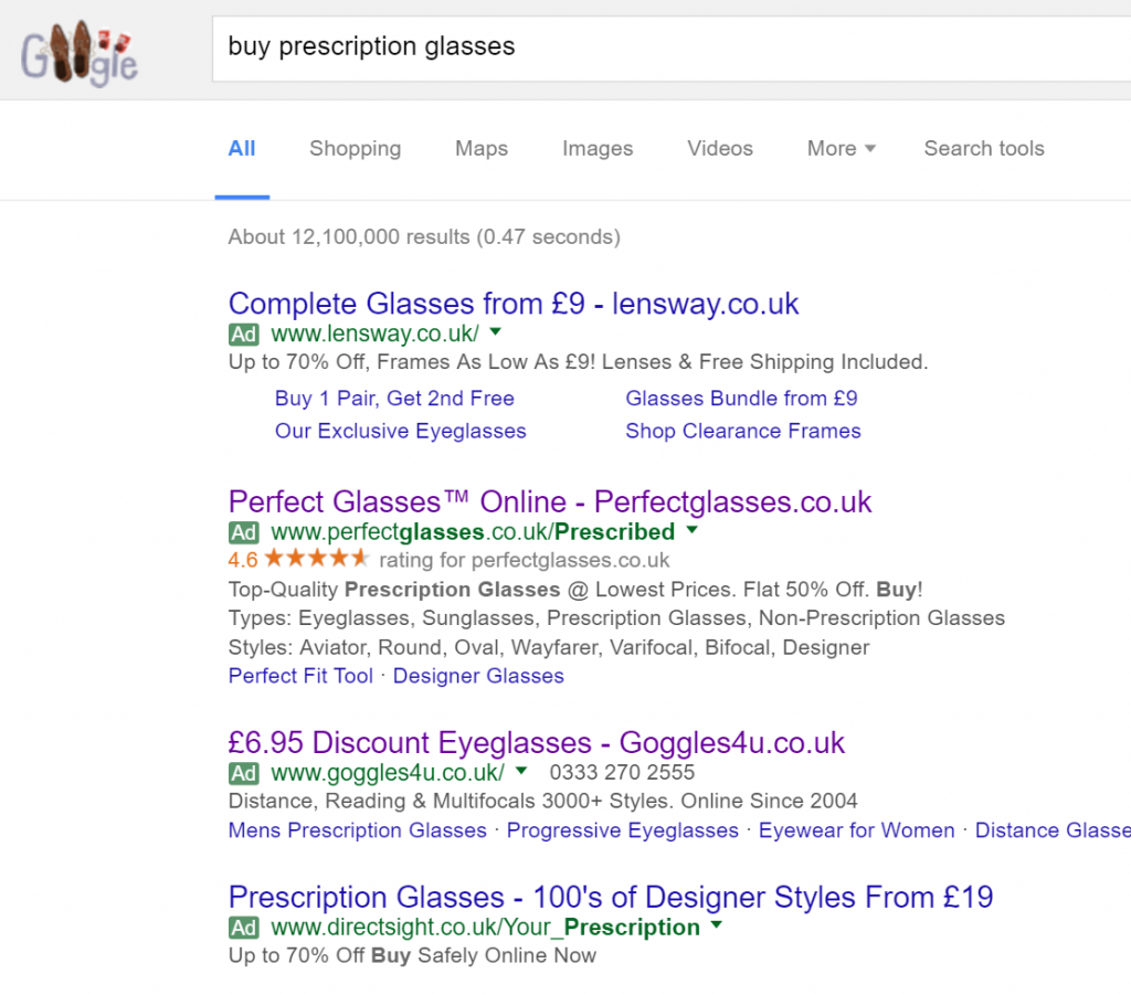 Perfect Glasses PPC Search Advert