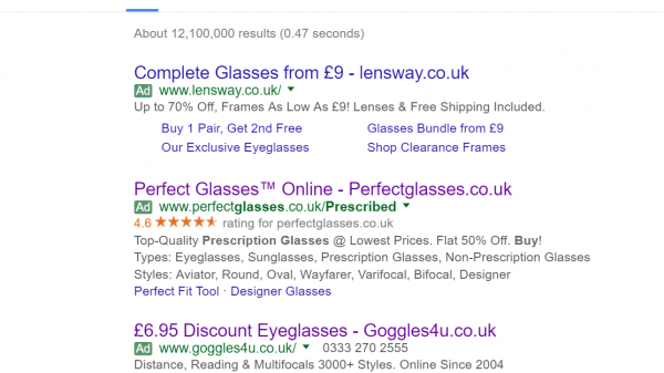 Perfect Glasses PPC Search Advert