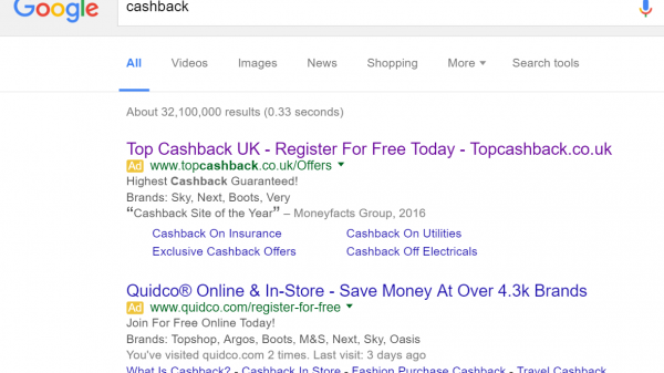 TopCashBack PPC Search Advert