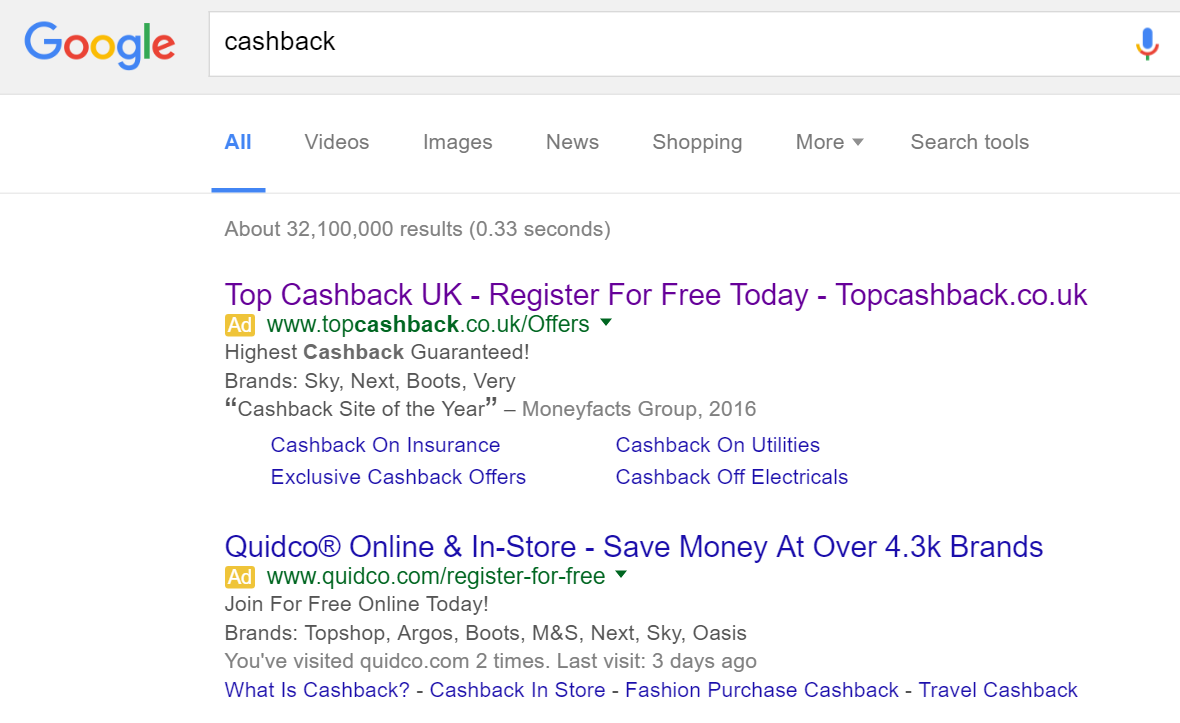 TopCashBack PPC Search Advert