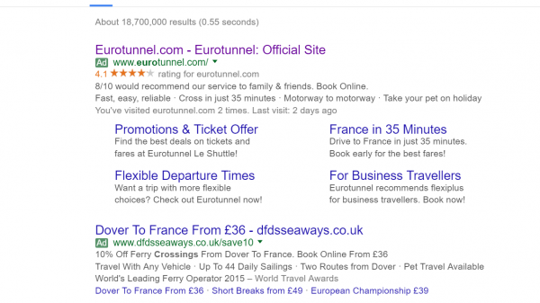 Euro tunnel PPC search advert