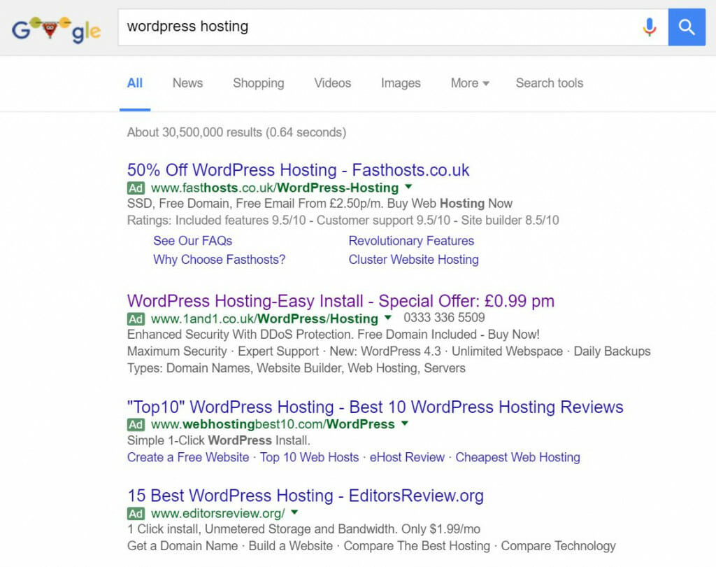 1&1 PPC Search Advert