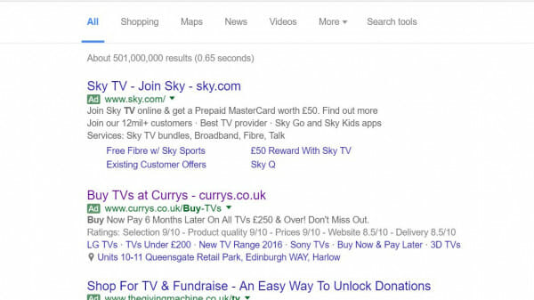 Currys PPC Search Advert