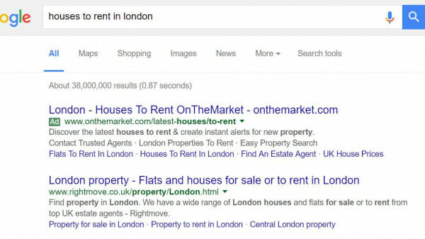 OnTheMarket.com PPC Search Advert