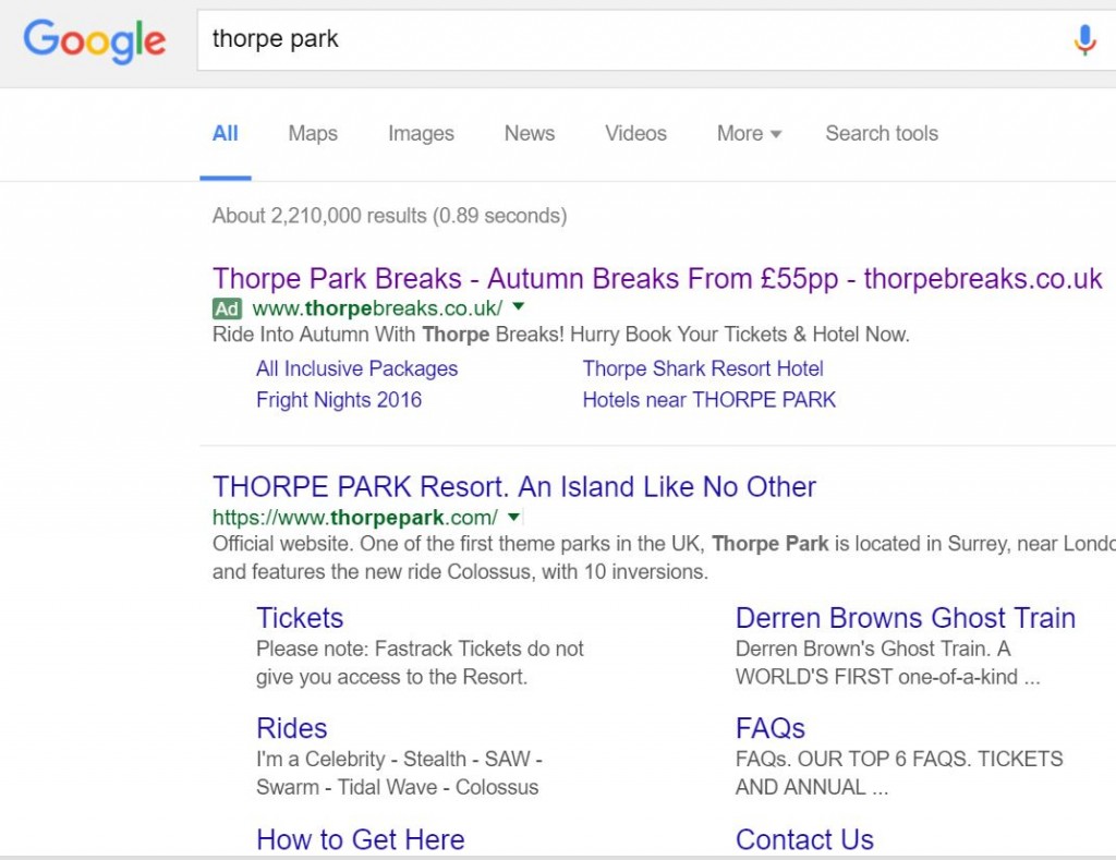 Thorpe Park PPC Search Advert