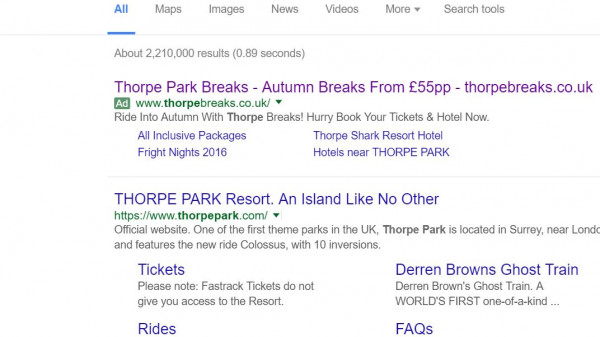 Thorpe Park PPC Search Advert