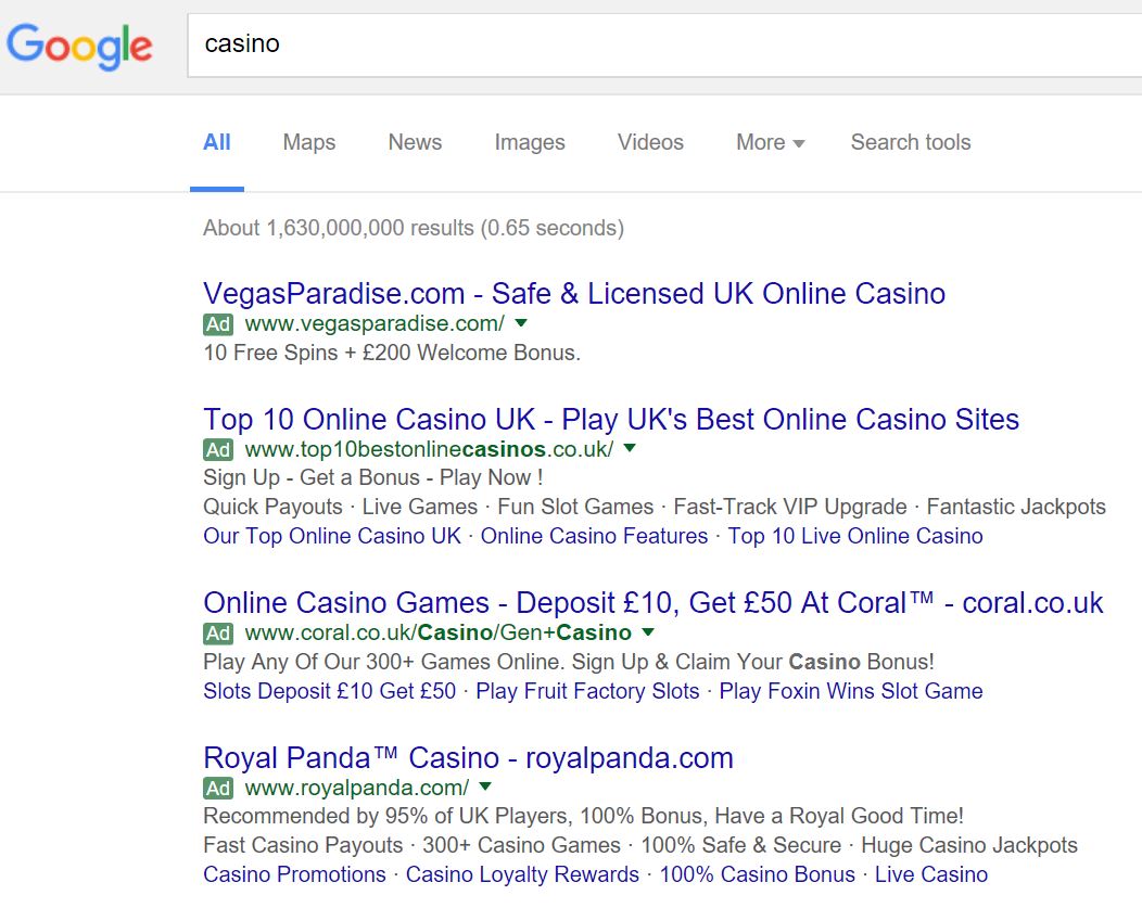 Vegas Paradise PPC Search Advert